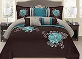 Fancy Collection 7-pc Embroidery Bedding Brown Turquoise or Purple Lavender Comforter Set (Cal King, Brown/Turquise)
