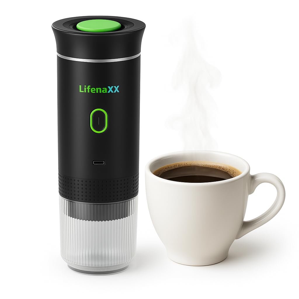 Lifenaxx Machine à Café Portative avec Batterie & USB‑C – Expresso Mobile 20 bar pour Café Moulu & Capsules – Machine Compacte pour Voyage, Camping, Voiture, Bureau – Modèle LX‑060