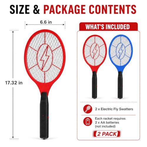 Electric Fly Swatter 2 Pack (Red & Blue), Battery Powered Bug Zapper Racket for Mosquitoes & Flies, Safe Protective Mesh, Indoor & Outdoor Use, Batteries Not Included by Drihara - Used condition - CA$27.54