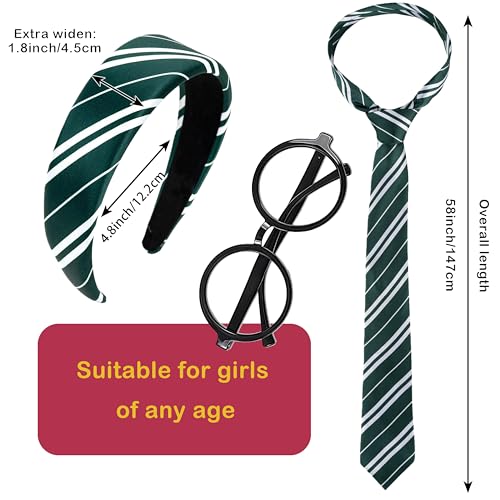3pcs Halloween Wizard Costume Accessories for Women,Green Striped Tie Headband Round Glasses Hair Accessories for Adult Cosplay Party Set — view 2