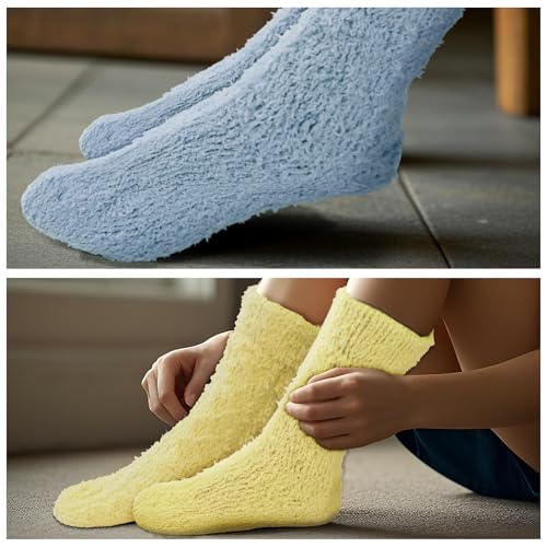 Image of Fuzzy Socks for Women Soft Socks Cozy Fluffy Socks Winter Warm Slipper Socks Warm Comfy Thermal Home Sleeping Socks (Pink+Blue+Yellow)