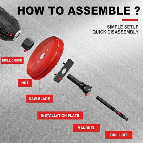 Image of KATA 25 PCS Hole Saw Kit with 3 /4 inch-6 inch for Soft Wood, Drywall, Plastic, Red | Carbon Steel Hole Saw Set with Wrench, Mandrels, Hex Key, Multi-Size Hole Cutter Drill Bit for Plywood & Wood Home Use