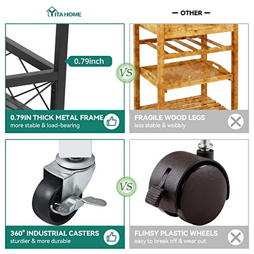 Yitahome Industrial Bar Carts For The Home, Mobile Serving Cart On Wheels With Removable Wood Top Container, 3-Tier Kitchen Cart With Wine Rack Glasses Holder, Rustic Brown #TOP4