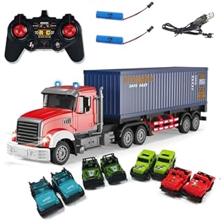 Mostop RC Container Transporter Truck, 10WD ABS & Metal Transport Vehicle,Remote Control Large Transportable Carriages with 8 Trolleys,transporter lorry toy with Lights and Sounds Gifts