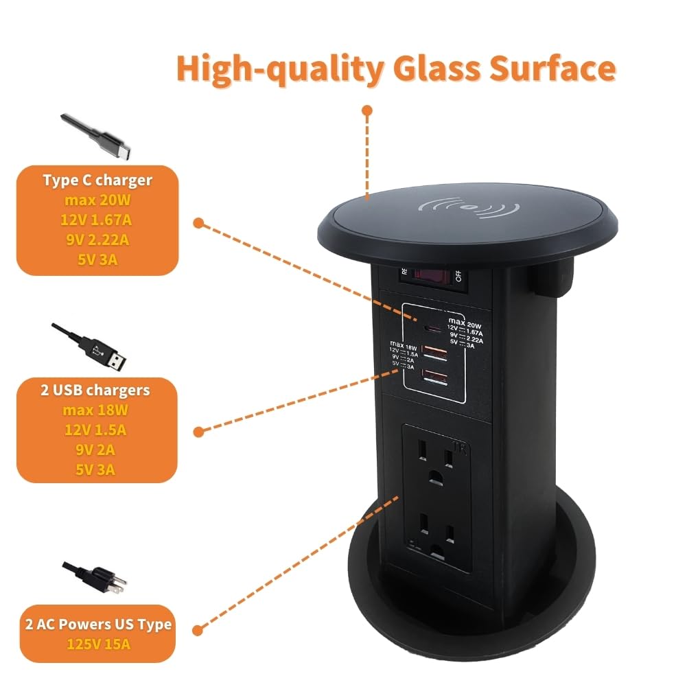 ZESHAN Pop Up Outlet Socket with 15W Wireless Charger, 1 Switch, 2 US Power, 2 USB A and 1 USB C PD Fast Charging Ports for Home/Office Conference Table and Kitchen Countertop, Black
