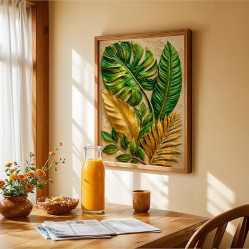 Image of NoWorries 3D Tropical Leaf Wall Painting with Frame Set of 1 | Premium Textured Green & Gold Monstera Palm Leaves Artwork, Luxury Botanical Nature Wall Decor for Living Room, Bedroom, Office and Home Decoration (3d Art-10,17x25inch)