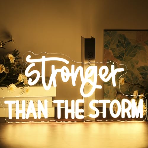Image of Stronger Than the Storm Neon Sign Dimmable Neon Signs for Wall Decor Inspirational LED Signs Warm White USB Light Up Sign for Bedroom Living Room Home Decoration