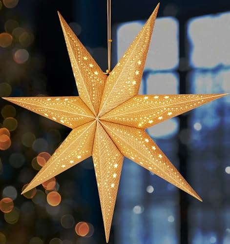 BRUBAKER Estrella de Navidad Colgante 3D - Estrella de Papel para Ventana con Casquillo E14 - Estrella de Adviento con Patrón Deco de 60 cm - Set de Estrella Luminosa con Cable de 3,5 m - Dorada