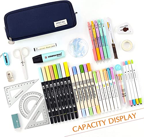 Image of Canvas Large Capacity Pencil Box for Girls & Boys, 3 Compartments Pen & Pencil Pouches, Aesthetic Stationery Pouch for School Kids College Students, Cute Stationary Gift for Children (Blue)