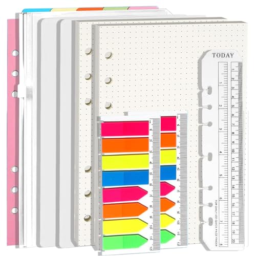 A5 Ringbuch Nachfüllset Budget Planner 90 Blätter 7 Trennblätter 2 Index Sets 1 Umschlag 20cm Lineal Organizer Zubehör (Punktiertes Papier, Weiß, A5)