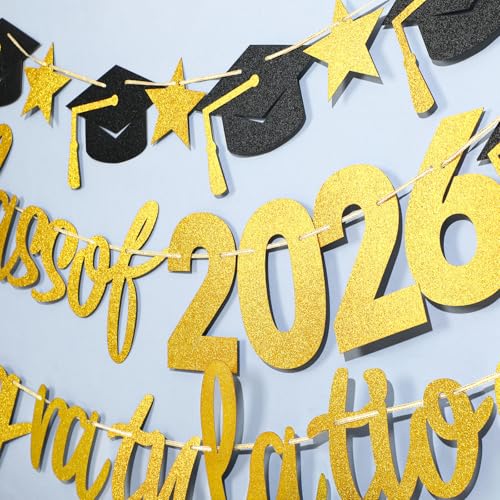 Image of Graduation Banner, Class of 2026 Pre-Strung Black Gold Glitter Banners Graduation Garland for Congratulation Graduations School Home Party Decorations