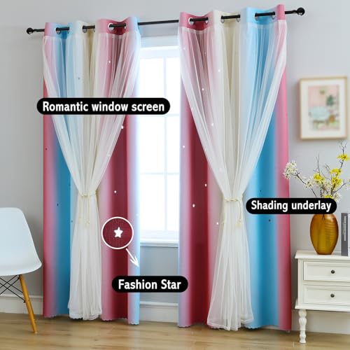 Image of Anytime Double Layer Dreamy Star Blackout Curtain 1 Panel W52 x L63,Purple | Princess Style Window Drapes for Kids Room Elegant Decor for Daughter Bedroom Living Room Soft Fabric Design