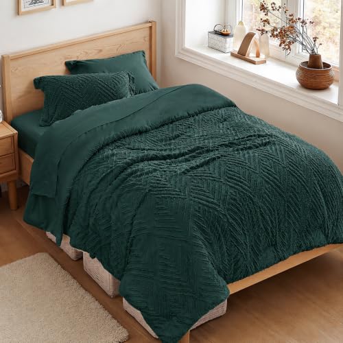 Image of Zzlpp Twin Comforter Set 5 Pieces, Dark Green Tufted Bed in a Bag with Comforter and Sheets, All Season Boho Bedding Sets with 1 Comforter, 1 Pillow Sham, 1 Pillowcase, 1 Flat Sheet, 1 Fitted Sheet
