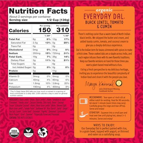 Image of Maya Kaimal Foods - Organic Indian Everyday Dal - Black Lentil 10oz - Fully Cooked with Tomato and Cumin - Vegan - Microwavable - Ready to Eat Meals - Pack of 6