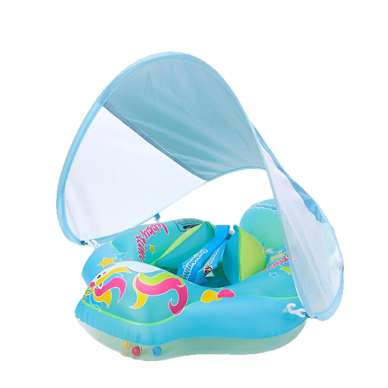 Baby Swimming Float with Sunshade, Anti-flip Anti-choke Double Airbags Swim Ring for 3M-6Y Infants & Toddlers, Eco-Friendly PVC (blue, L)