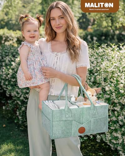 Image of Maliton Felt Diaper Caddy Organizer for Changing Table - Large, Green | 15x9x7 inch Portable Nursery Storage Bin and Car Organizer for Diapers, Wipes. Boy & Girl Shower Gift Basket, Baby Essentials