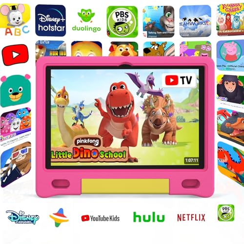 Image of YACXBTK Tablet for Kids 10.1 inch Android 14 6000mHA 8GB RAM+64GB ROM(Expandable to 1TB Kids Tablet Age 3-12 with Case& Lanyard WiFi6 Google Kids Space Parental Control 1280 * 800 HD Screen Pink