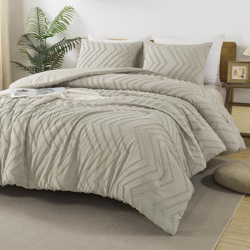 Image of Andency Oatmeal Oversized King Comforter Set, Boho Soft Warm Tufted Neutral Bedding Comforter Sets, 3 Pieces Aesthetic Chevron Farmhouse Cute Bohemian Textured Bedding Set