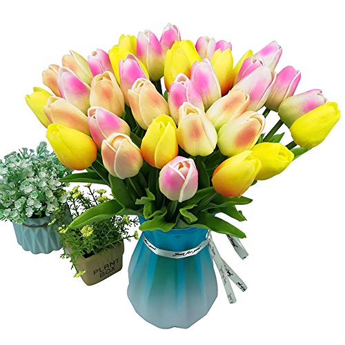 JOEJISN 30pcs Artificial Tulips Flowers Real Touch Multicolored Tulips Fake Holland PU Tulip Bouquet Latex Flowers for Wedding Party Office Home Kitchen Decoration (Dark Pink Orange Champagne)