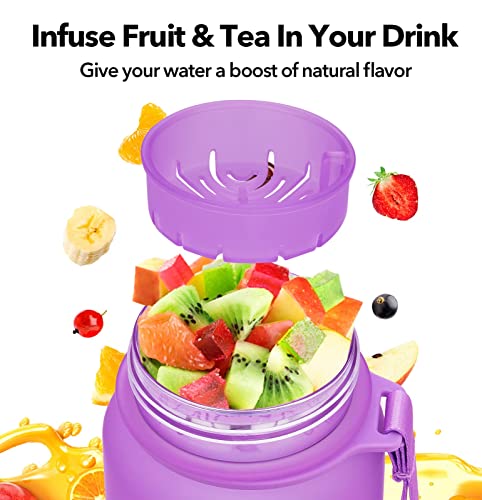 Image of 32oz Motivational Water Bottle with Time Marker & Fruit Strainer, Leak-proof BPA Free Non-Toxic 1l Bottle with Carrying Strap, Perfect for Fitness