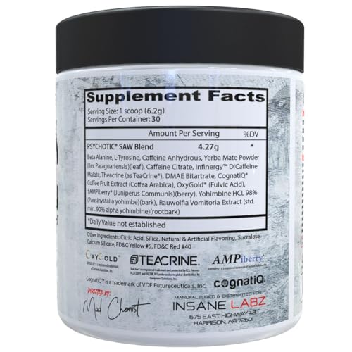Image of Insane Labz Psychotic Saw, High Stim Pre Workout Powder with OxyGold­ and AMPiberry,Extreme Lasting Energy with Teacrine,Focus with CognitIQ and Endurance (30 Servings, Blood Orange)