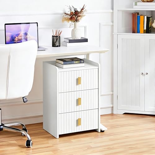 ESTUWD Mesita de noche con 3 cajones, mesitas de noche, mesilla de noche de madera con frente estriado, ahorra espacio y fácil de montar, mesita de noche para Bedroom Living Room (blanco) - imagen 6