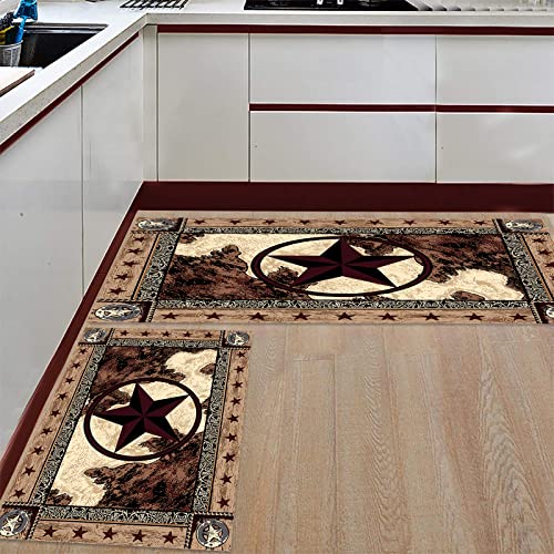 Jilangca Kitchen Rugs Sets 2 Piece Floor Mats Western Texas Star On Wood Panel Rustic Doormat Vintage Style Texas Star Pattern Area Rugs Washable Runner Carpet Set Non Slip Kitchen Rugs And Mats #TOP1