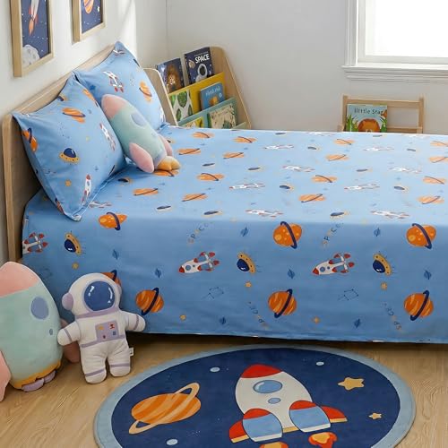 Image of Story@Home Space Theme Kids Double Bedsheet 225x250 cm with 2 Pillow Covers | Cotton Feel 180 TC Soft Fabric | Space Blue Astronaut & Galaxy Design | Breathable & Skin Friendly