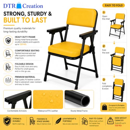 Image of Foldable Cushioned Chair with Armrests | Heavy Duty Metal Frame | Soft Padded Seat & Backrest | Space Saving Folding Chair for Home, Office, Study & Guest Seating | Yellow