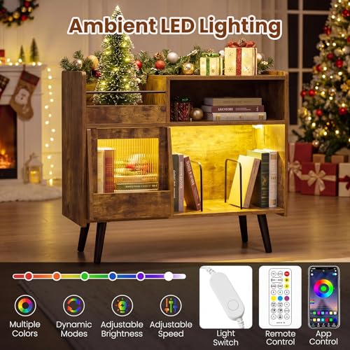 Image of Giantex Large Record Player Stand with LED Light, Mid Century Modern Turntable Stand w /Sliding Door, Charging Station & Plastic Leg, Record Player Table, Vinyl Record Storage for Living Room (Rustic Brown)
