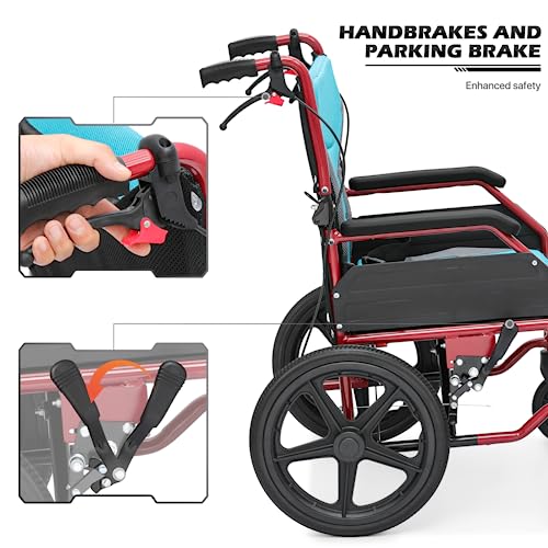 monicare Folding Transport Wheelchair with Removable Cushion and Loop-Lock Handbrakes Wheel Chair for Adults, 17.5 inch Seat User-Friendly Lightweight Foldable Chair for Storage and Travel Use, 250lbs - Thumbnail 7