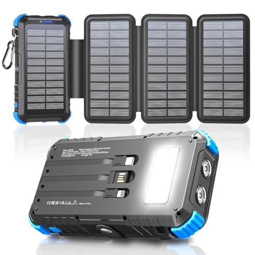 Chargeur Solaire 20000mAh avec 4 Panneaux Solaires, USB C 15 W Charge Rapide, 5 Sorties et 3 Câbles, Batterie Externe Solaire pour l'extérieur avec...