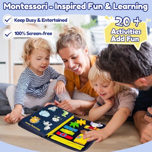 Image of Qizfun Toddler Busy Board Montessori Toys - Sensory Busy Book, Educational Learning Travel Toy for Airplane & Car, Keeps Toddlers Entertained, Birthday Gifts for Toddler Boys Girls (Blue /P8)