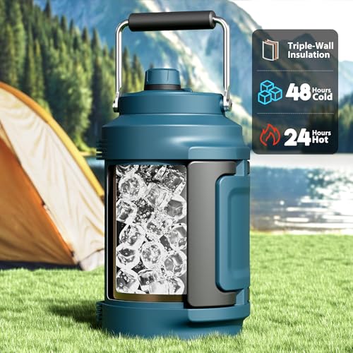 Image of 1 Gallon Insulated Water Bottle for Sports: Meoky 128 oz Triple Wall Vacuum Stainless Steel Water Jug - Top and Side Handles, Cold for 48 Hrs, 2-in-1 Straw and Spout Lid, Leak Proof for Hiking (Denim)