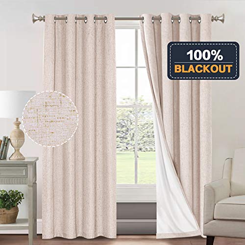 Primitive Textured Linen 100% Blackout Curtains for Bedroom/Living Room Energy Saving Window Treatment