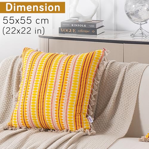 Image of HOKIPO 'Artisan Boho Series' Sofa Cushion Covers | 450 GSM Cotton Acrylic Jacquard | Tassel Design | 22x22 Inch (55x55 cm) | Pack of 2, Mustard Yellow (IN-906-A1*2)