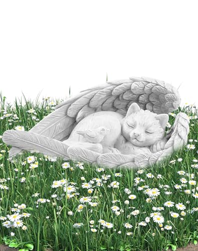 NETONDA Katze Engel Gedenkstein Grabstein Katze für draußen Tiergrabstein Polyresin Katzenfigur Garten wunderschönes Andenken Zuhause Grabschmuck Deko (Reinweiß)