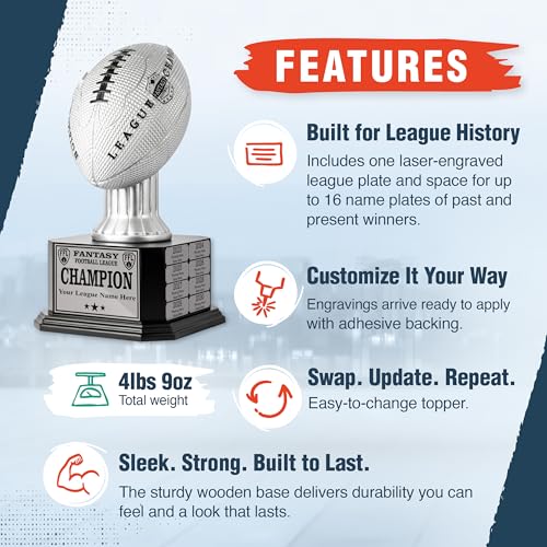 Image of TrophySmack 16-Year Perpetual Fantasy Football Trophy, Custom Engraved