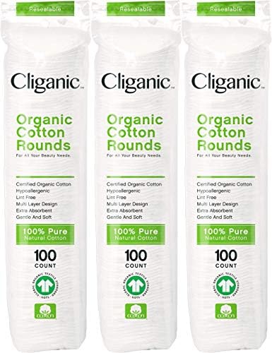 Cliganic Organic Cotton Rounds (300 Count) Makeup Remover Pads, Hypoallergenic, Lint-Free | 100% Pure Cotton