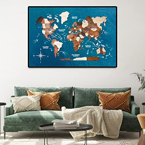ENJOY THE WOOD Framed World Map Wall Art Wood Travel Decor 3D World Map On Board Wall Rustic Decoration Housewarming Gift (Medium, Board, Multicolor)