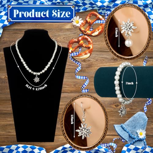 4 Pcs Oktoberfest Jewelry Set Edelweiss Necklace Bracelet and Earrings Traditional Bavarian Jewelry Set Pearl German Rhinestone Pendant for Women2