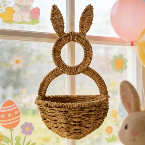 Cesta de puerta de conejo con orejas decorativas y bolsillo textil de lino rústico 3