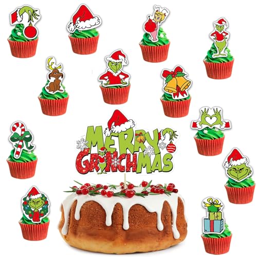 Decoración para tarta de feliz cumpleaños, decoración para tartas de Navidad, 1 pieza de decoración de pastel de monstruo verde y 12 piezas de decoración de monstruo verde, fiesta de cumpleaños