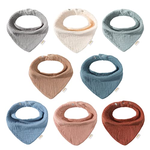 Image of YeaYee 8Pcs Muslin Baby Bandana Bibs for Boys Girls, Six-Layer Soft Cotton Bibs, Drool Bibs with Adujustable Metal Snap Closure, Gender-Neutral bibs for drooling and teething