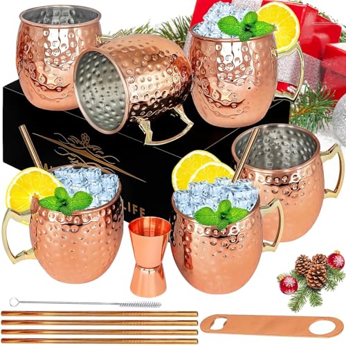 LINALL Moscow Mule Copper Mugs- Set of 6 Copper Plated Stainless Steel Mug 18oz, for Chilled Drinks (6 Pack)