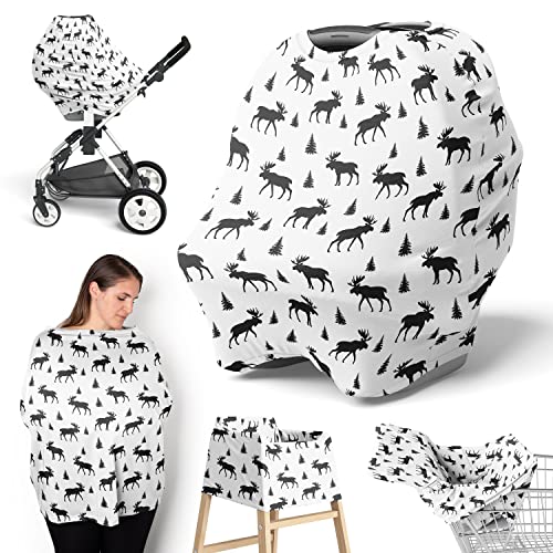Image of Sweet Jojo Designs Woodland Moose Boy Infant Baby Car Seat Cover Nursing Breastfeeding Shopping Cart Stroller Canopy - Black and White Forest Animal Rustic Patch