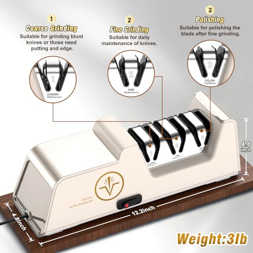 Image of VIDOME Electric Knife Sharpener, Champagne Gold & White | 100% Diamond Abrasives, 3-Stage Precision Angle Guides, For Kitchen Straight Edge Knives, For Ceramic Knives, Professional