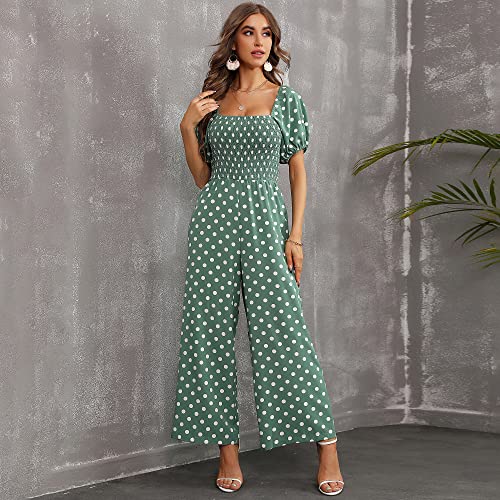 Love Welove Fashion Women's Floral Short Sleeve High Waist Wide Leg Pants Casual Loose Smocked Jumpsuit Romper #TOP1