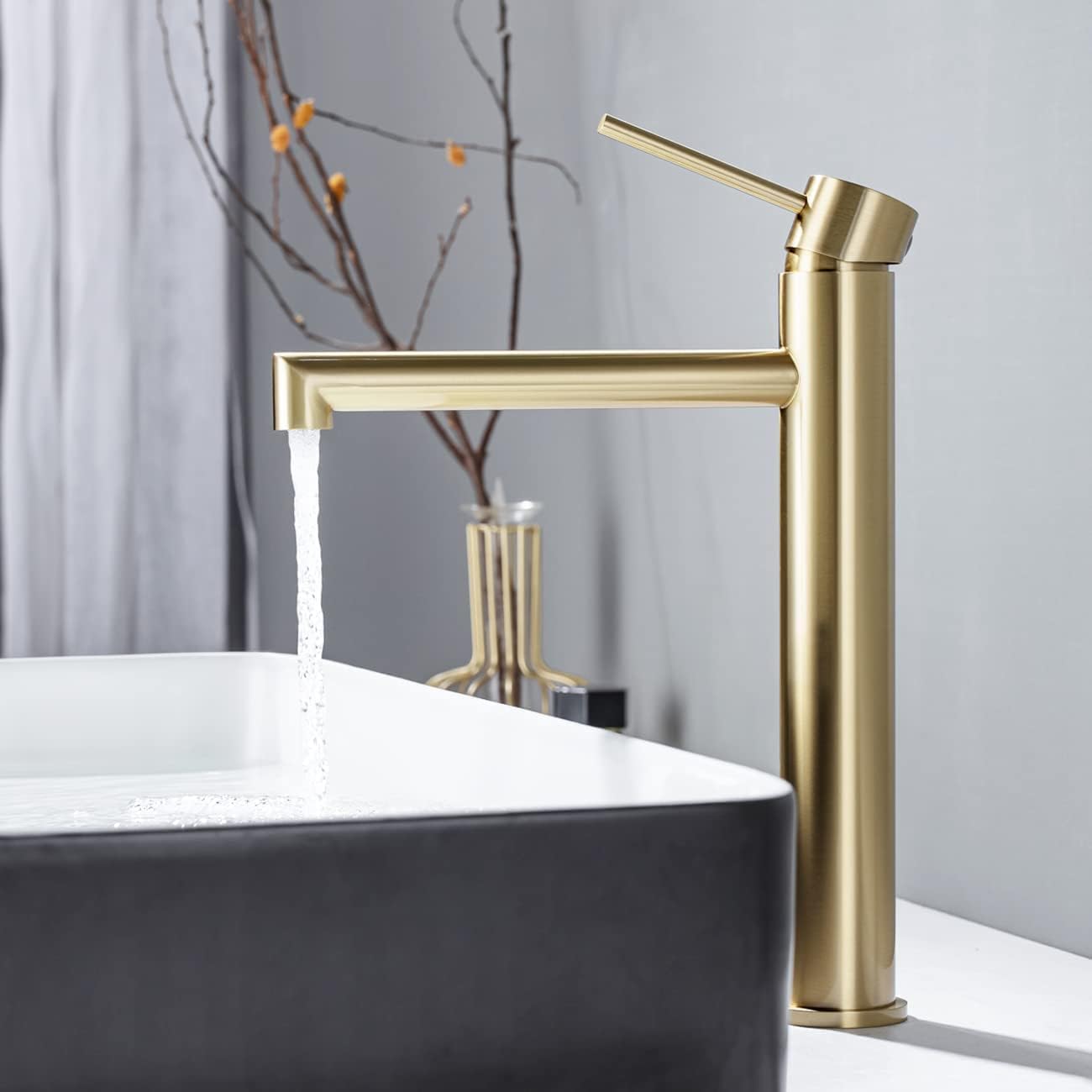 ONECE Grifo de Lavabo Alto, Grifería Baño Oro Cepillado para Encimera | Mezclador Monomando de Acero Inoxidable 304, Aireador Extraíble, Agua Fría y Caliente