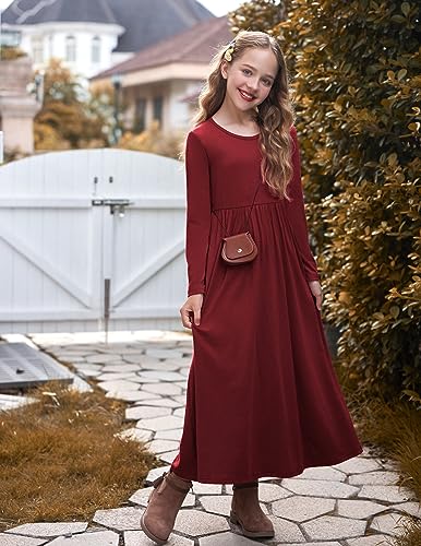 Image of Arshiner Girls Maxi Dress Long /Short Sleeve Casual Holiday Dress with Pockets for 5-13 Years